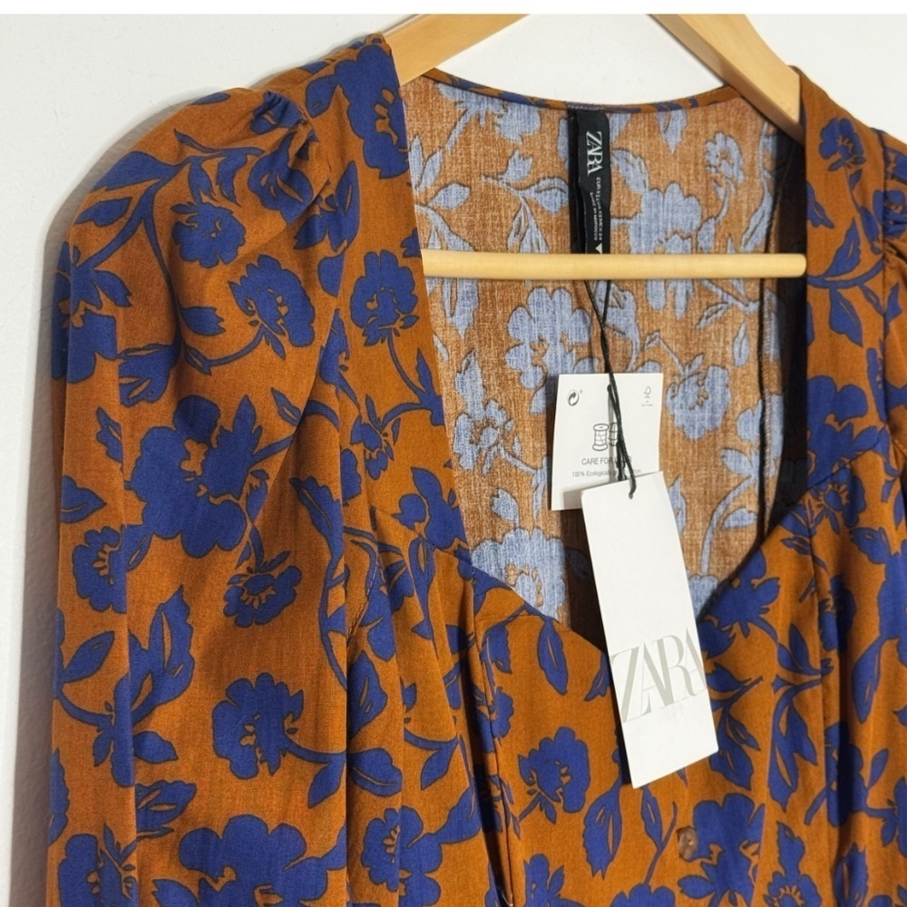 NWT Zara Dress Midi Length Button Front Convertible Duster Dress Brown Blue XS - Picture 8 of 16